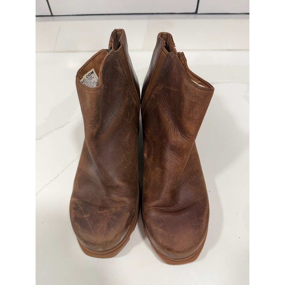 Sorel Joan of Arctic Wedge‎ III Zip Brown Leather Ankle Boots Womens 7.5